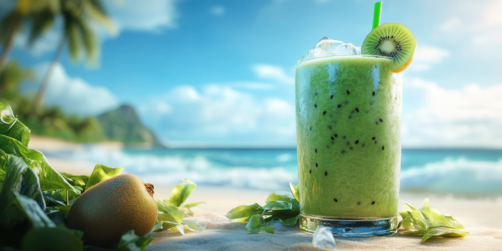 Refreshing kiwi smoothie served on tropical beach with clear blue sky and gentle ocean waves